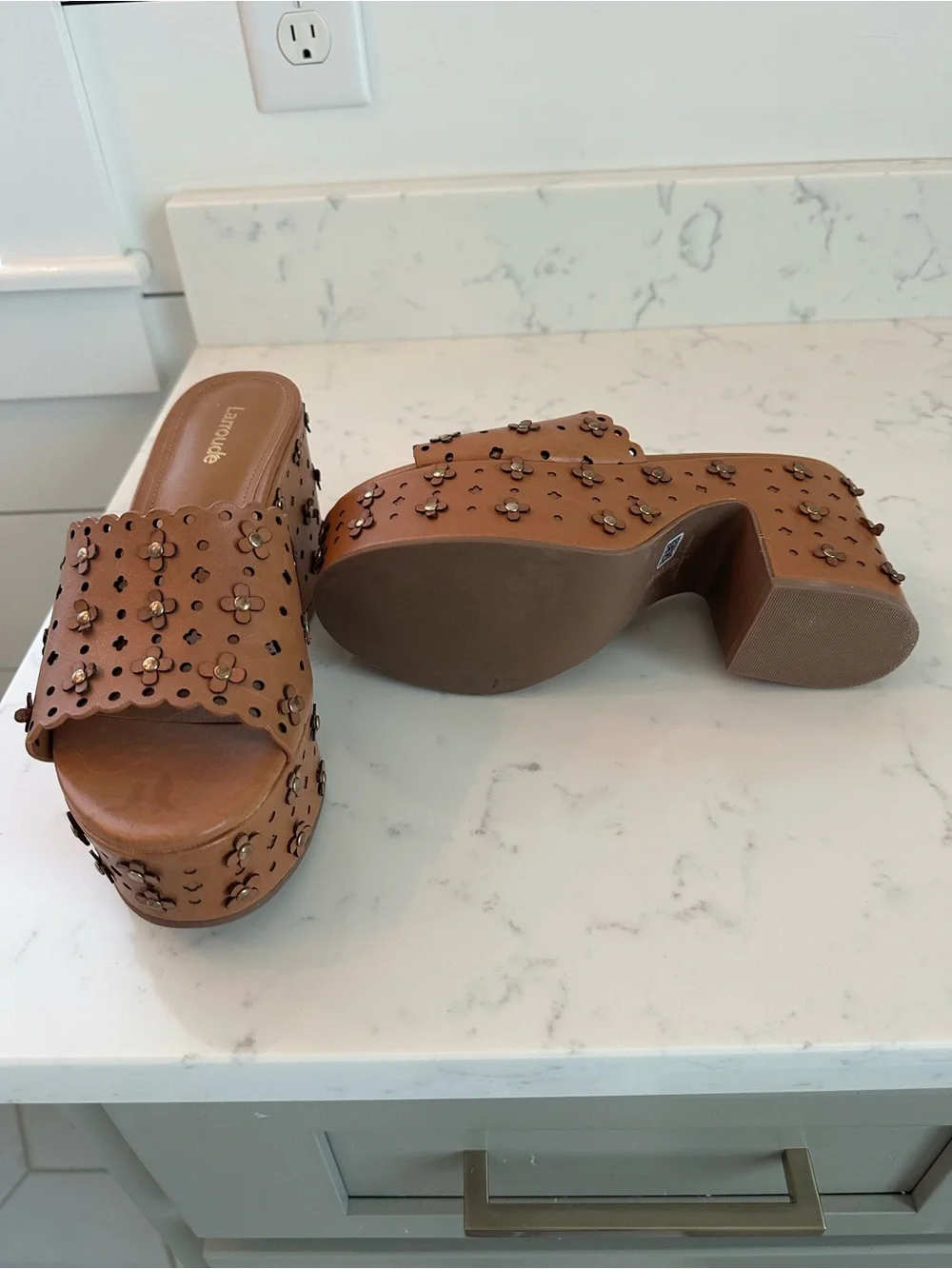 Larroude Tan Floral Cutout Platforms - excellent condition